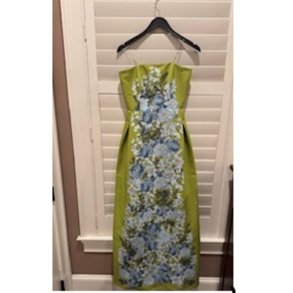 Sachin + Babi Lime Green Strapless Gown with Blue Floral Panel - Picture 2 of 8